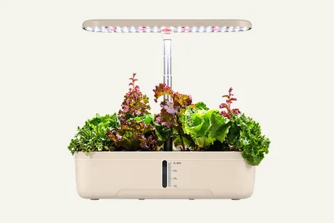 GrowGrid 12-Pod with its single-post adjustable lamp, front water-level window and illustrative leafy plants; existing supplier image