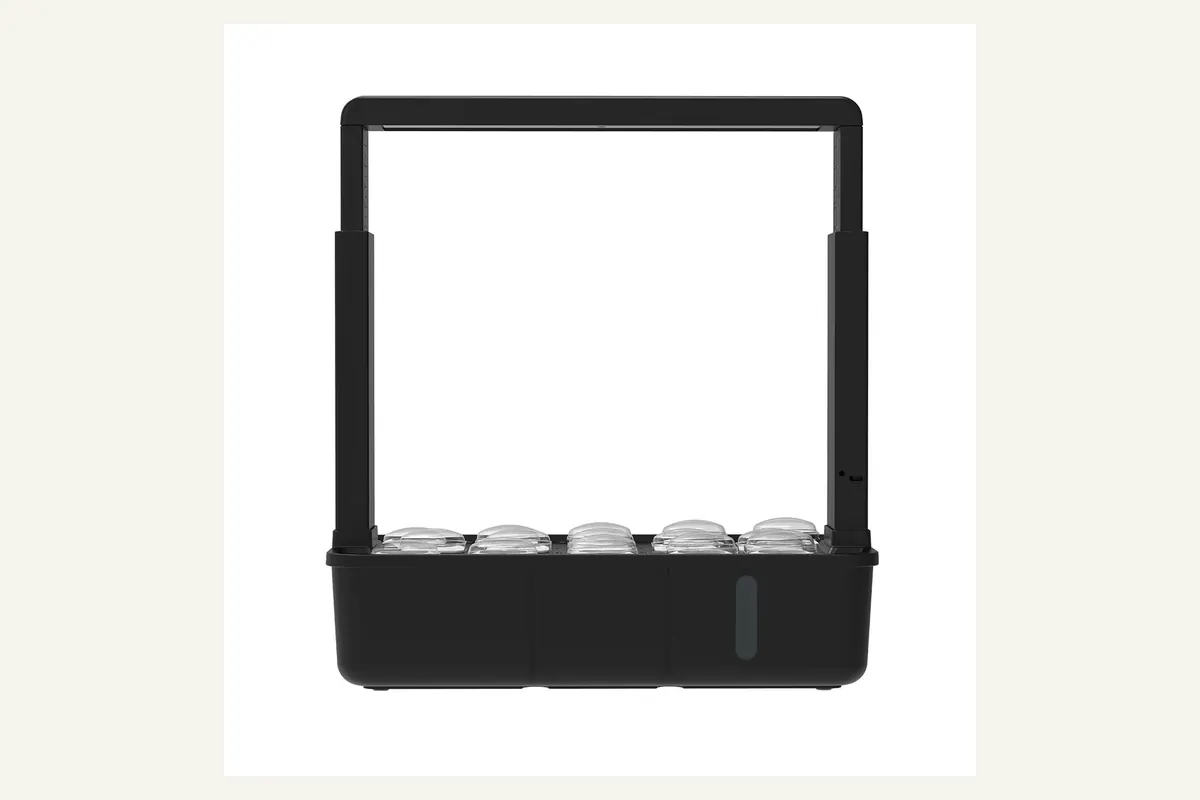 Black GrowGrid 15-Pod with its rectangular height-adjustable light frame and empty planting deck; existing supplier image