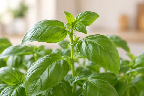 Close view of a sweet basil stem with opposite leaf pairs and fresh tips; AI-generated botanical illustration with no device shown