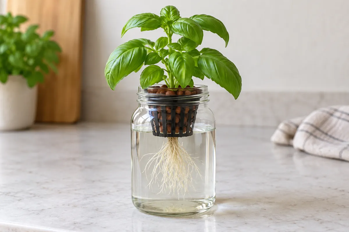 Basil seedling in a net basket above a glass jar with visible roots in water; AI illustration