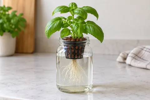 Basil seedling in a net basket above a glass jar with visible roots in water; AI illustration