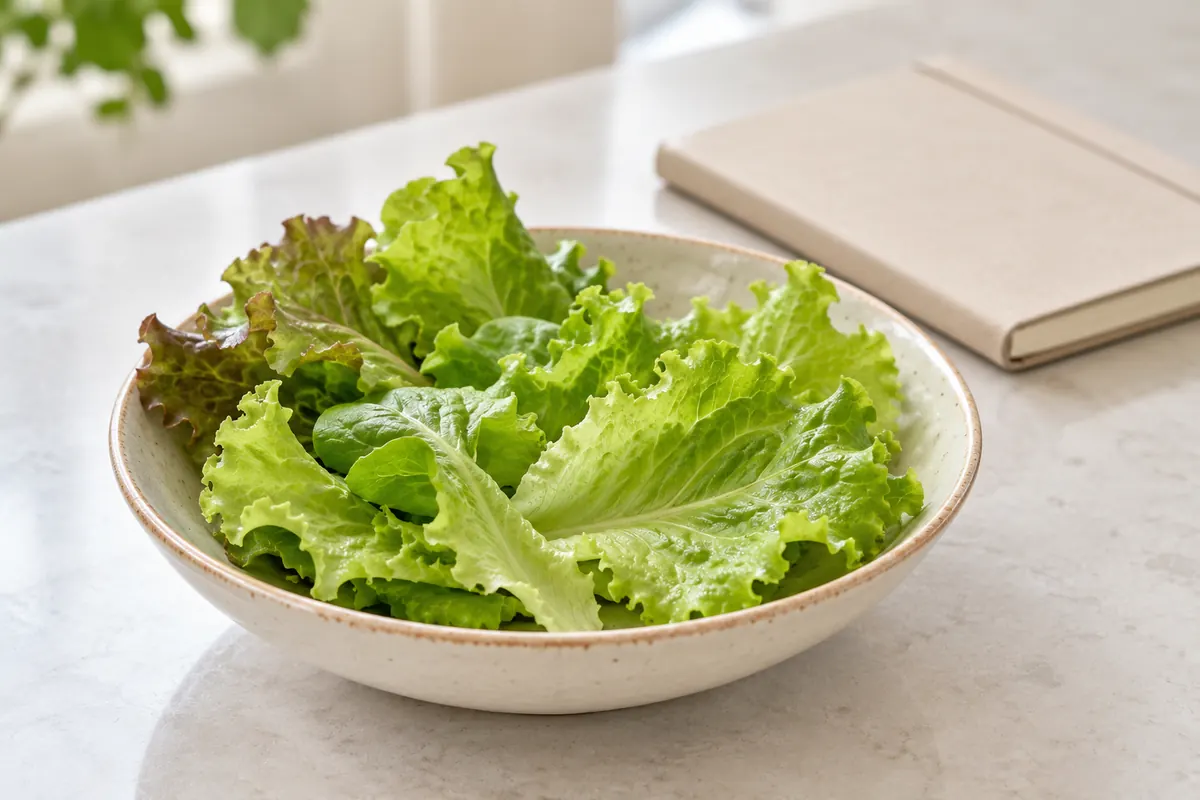 A few picked loose-leaf lettuce leaves in a small bowl on a kitchen counter; AI-generated illustration with no growing device