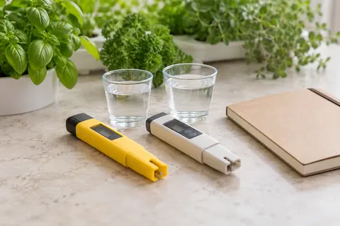 Two water-testing pens beside sample cups and a notebook on a kitchen counter; AI illustration