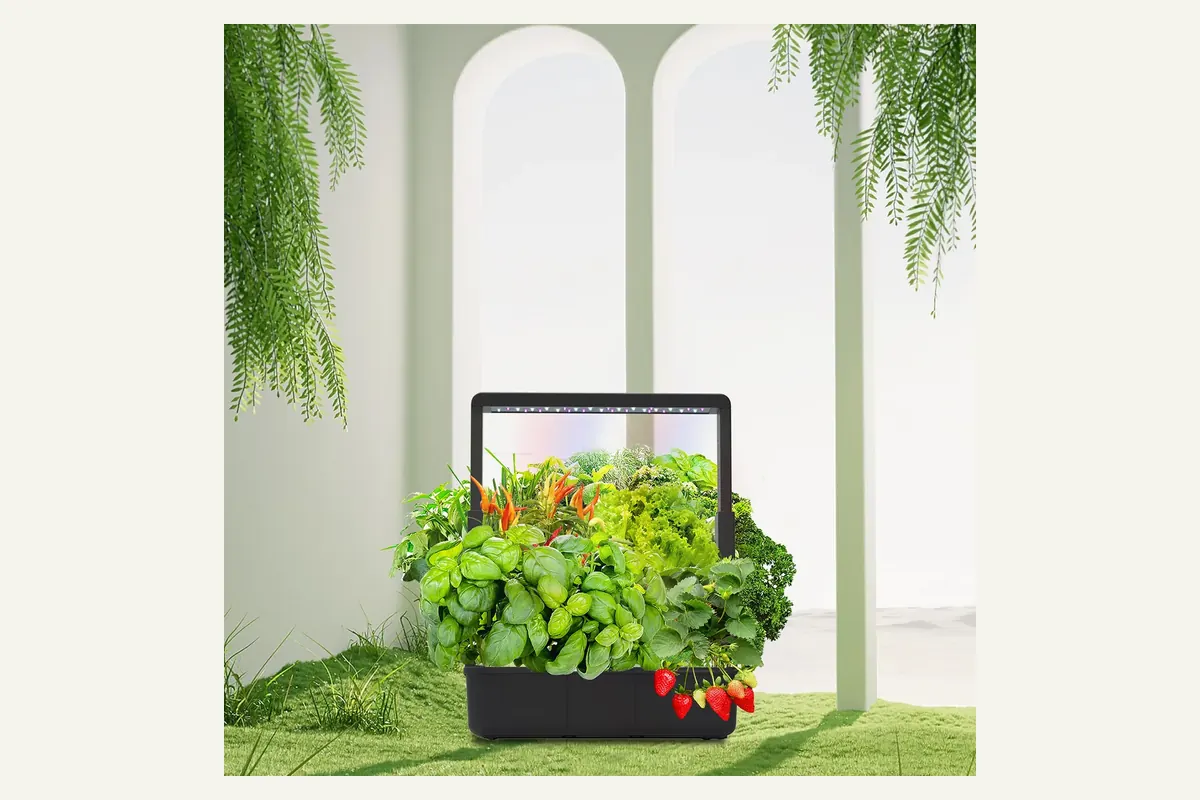 Supplier room illustration of the black GrowGrid 15-Pod with a rectangular light frame and plants; same image as the product gallery