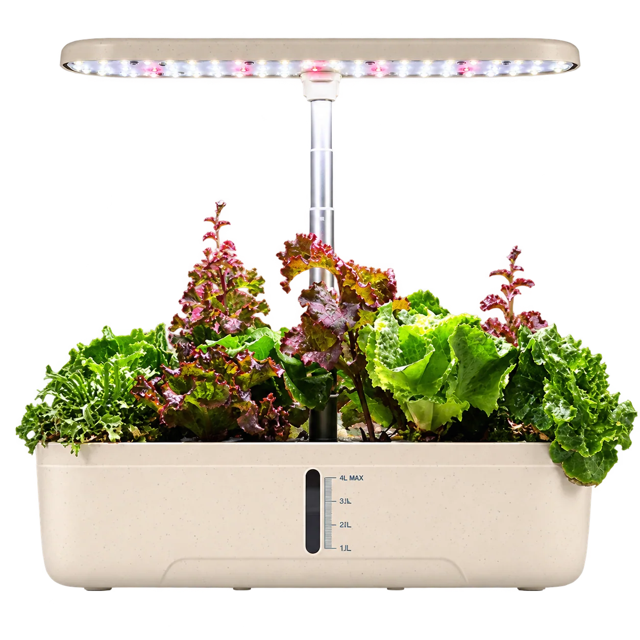 Cream 12-pod hydroponic garden growing leafy greens beneath an LED lamp, isolated on a transparent background