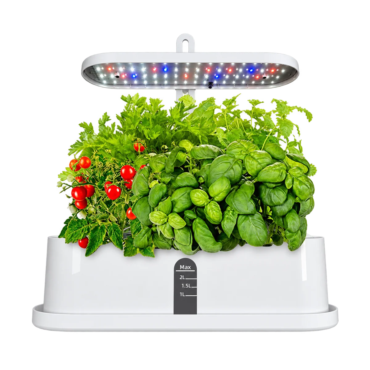 Transparent-background cutout of the GrowGrid Halo Aluminum indoor garden with plants
