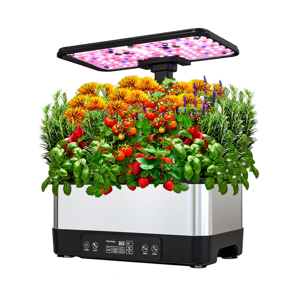 Transparent-background cutout of the GrowGrid Smart Steel indoor garden with plants