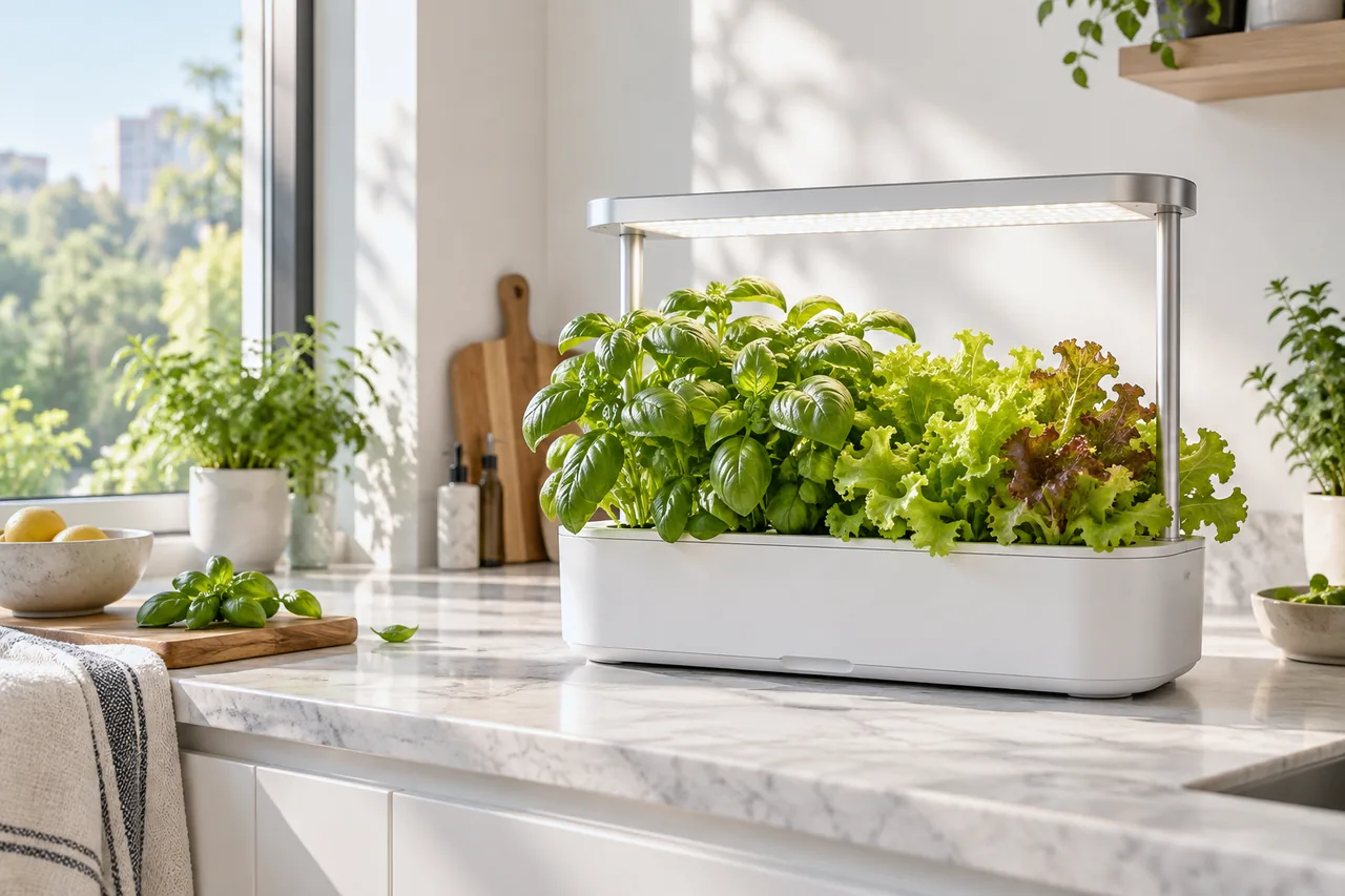 Indoor hydroponic garden with basil and lettuce on a sunlit kitchen counter; AI-generated concept