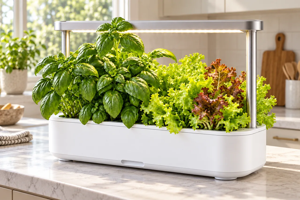 GrowGrid Home hydroponic garden on a kitchen counter; illustrative product concept